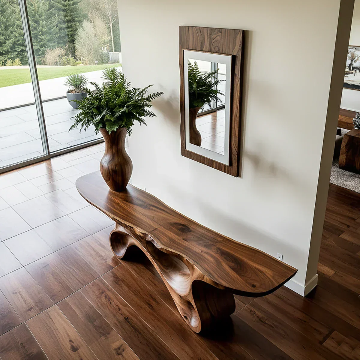 Fluid Twist Walnut Finish Console Table – Modern Sculptural Wood - Woodenecho