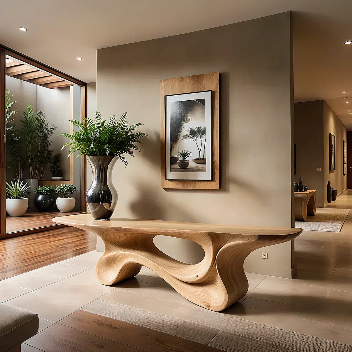 Fluid Twist Walnut Finish Console Table – Modern Sculptural Wood - Woodenecho
