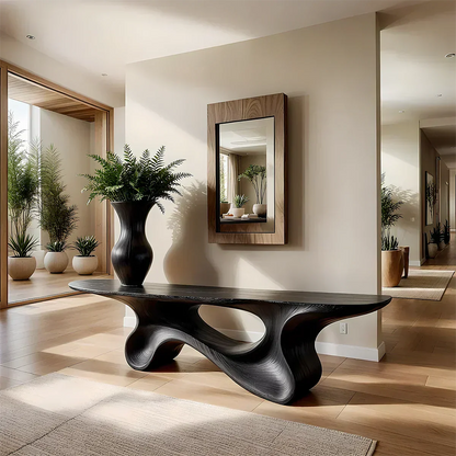 Fluid Twist Walnut Finish Console Table – Modern Sculptural Wood - Woodenecho
