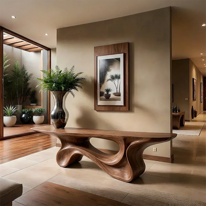 Fluid Twist Walnut Finish Console Table – Modern Sculptural Wood - Woodenecho