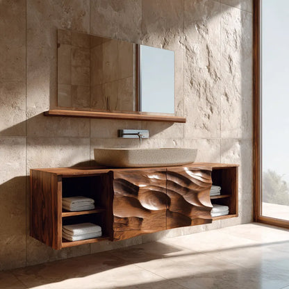Hand Carved Natural Solid Wood Traditional Bathroom Vanity Cabinet - Elitegemse