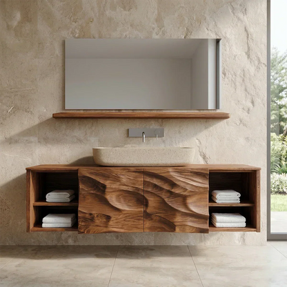 Hand Carved Natural Solid Wood Traditional Bathroom Vanity Cabinet - Elitegemse