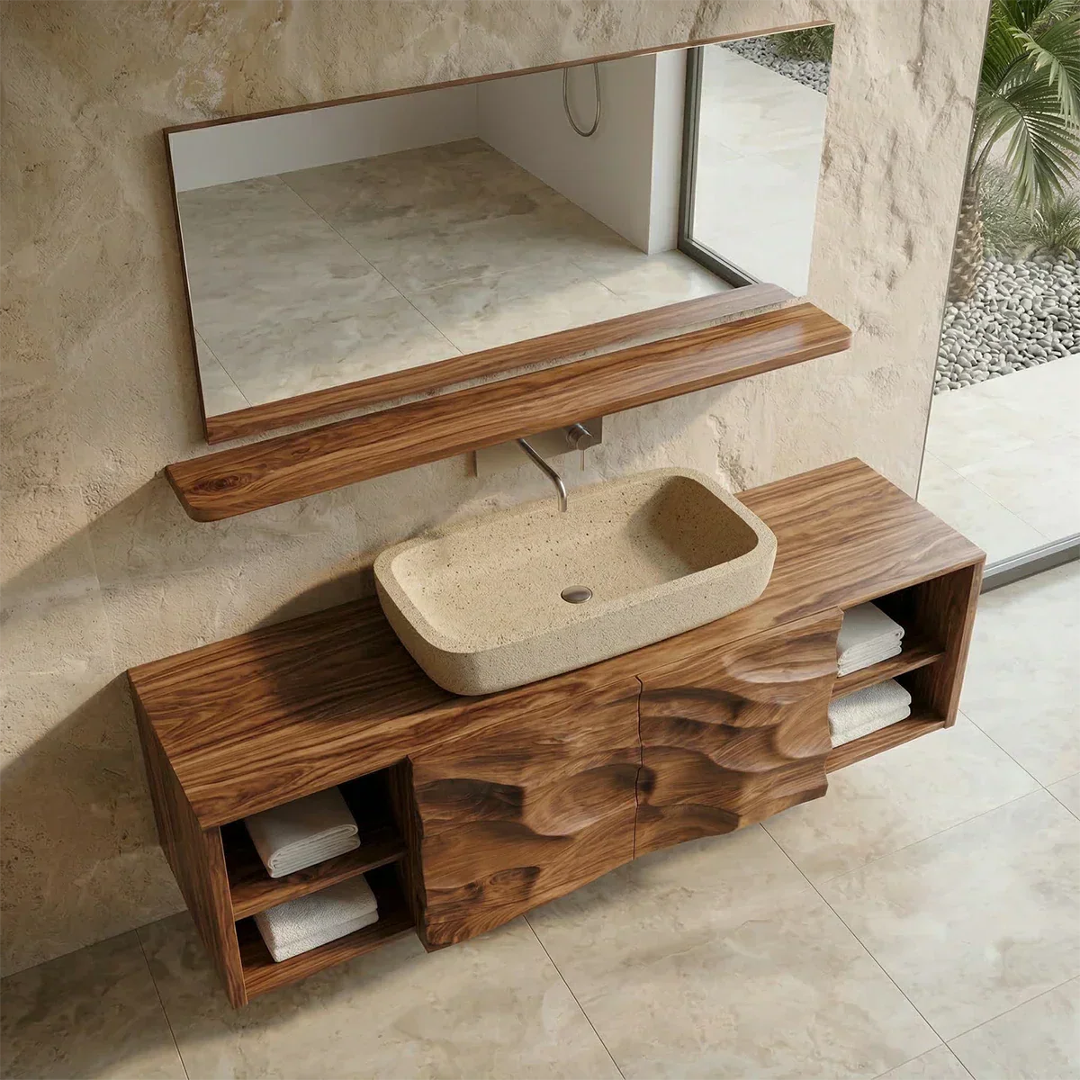 Hand Carved Natural Solid Wood Traditional Bathroom Vanity Cabinet - Elitegemse