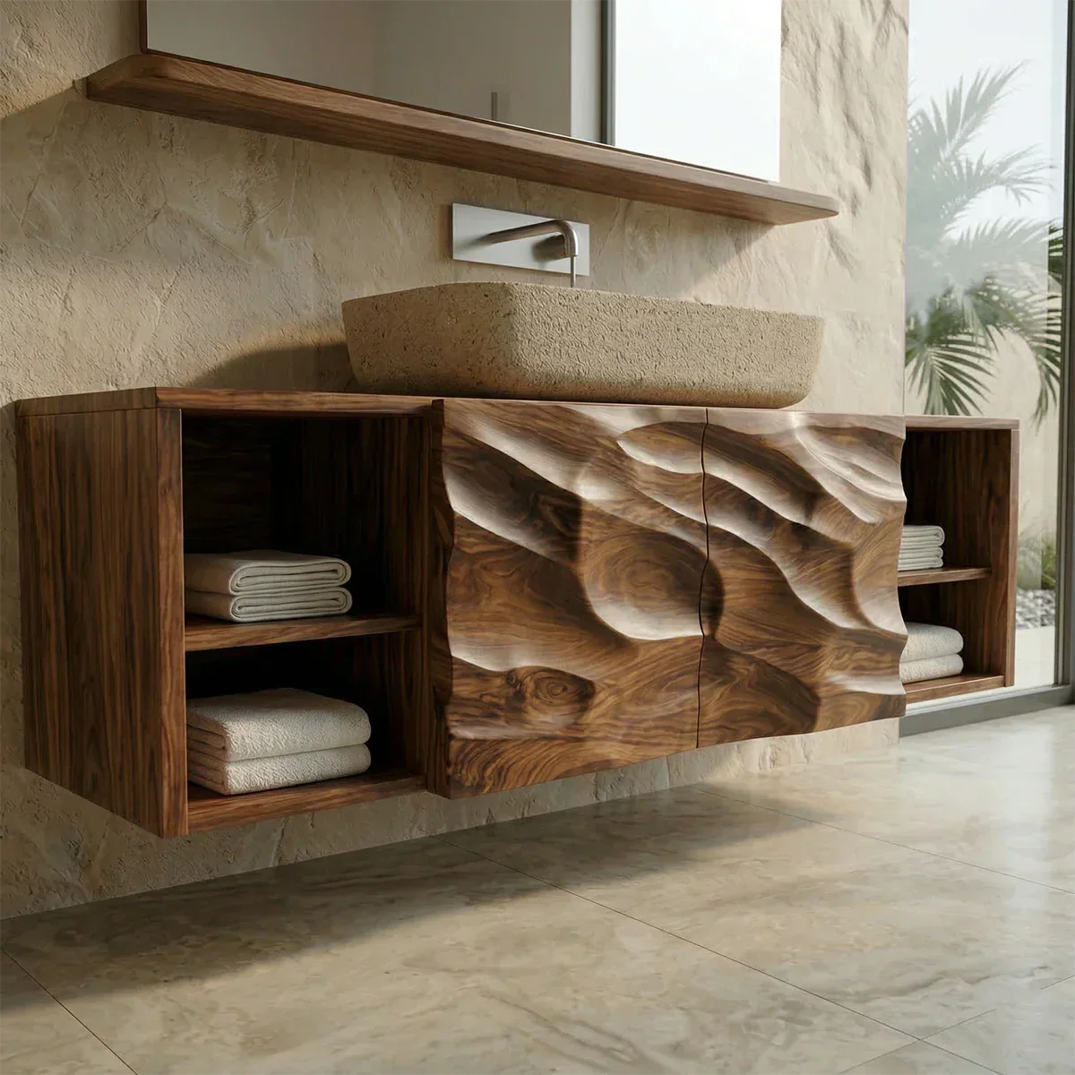 Hand Carved Natural Solid Wood Traditional Bathroom Vanity Cabinet - Elitegemse