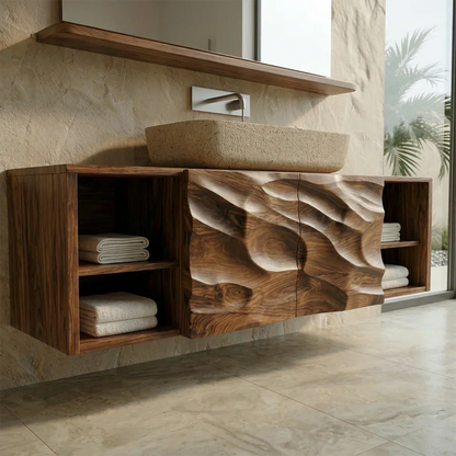 Hand Carved Natural Solid Wood Traditional Bathroom Vanity Cabinet - Elitegemse