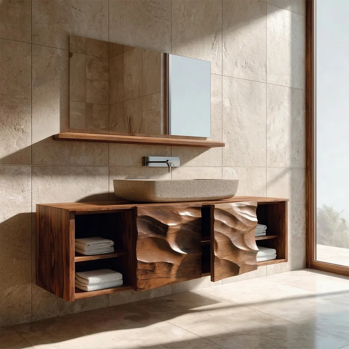 Hand Carved Natural Solid Wood Traditional Bathroom Vanity Cabinet - Elitegemse
