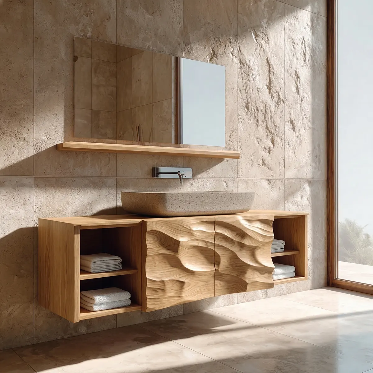 Hand Carved Natural Solid Wood Traditional Bathroom Vanity Cabinet - Elitegemse