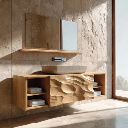 Hand Carved Natural Solid Wood Traditional Bathroom Vanity Cabinet - Elitegemse