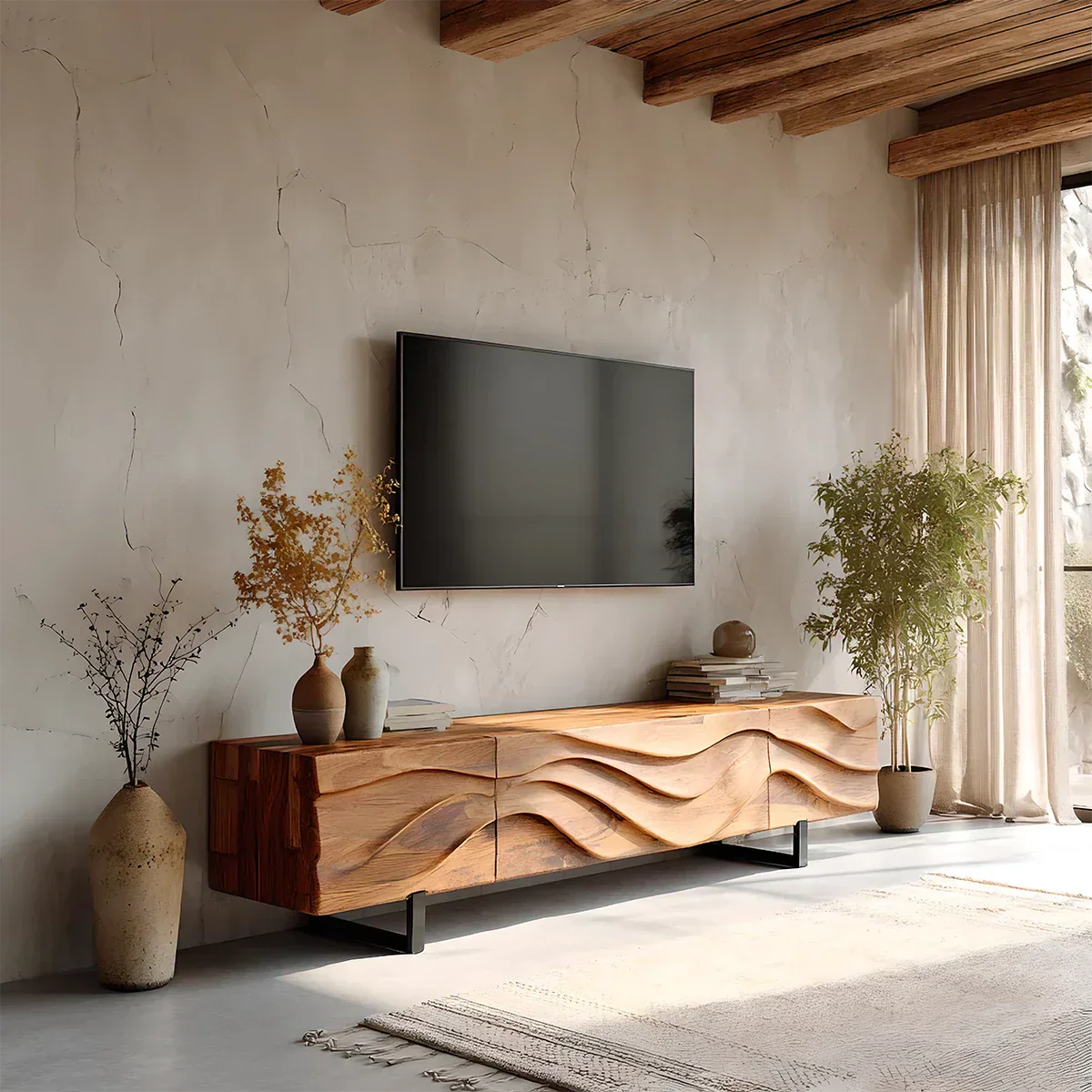 Hand-Carved Wave Wood TV Stand — Golden Drift Edition - Elitegemse
