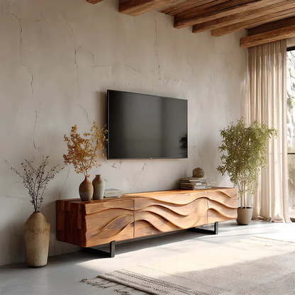 Hand-Carved Wave Wood TV Stand — Golden Drift Edition - Elitegemse