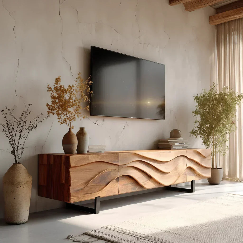 Hand-Carved Wave Wood TV Stand — Golden Drift Edition - Elitegemse
