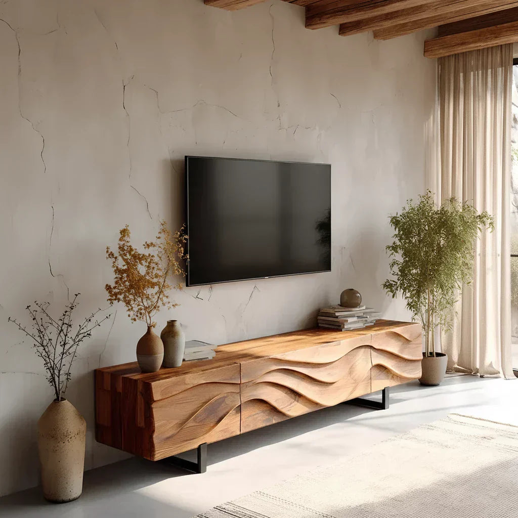 Hand-Carved Wave Wood TV Stand — Golden Drift Edition - Elitegemse