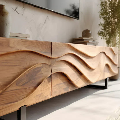 Hand-Carved Wave Wood TV Stand — Golden Drift Edition - Elitegemse