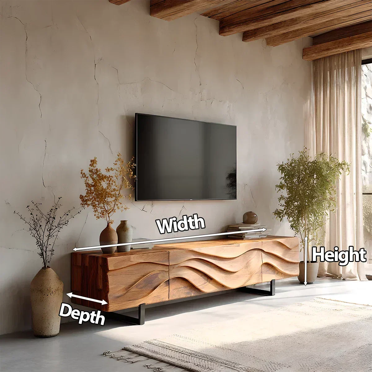 Hand-Carved Wave Wood TV Stand — Golden Drift Edition - Elitegemse