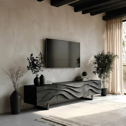 Hand-Carved Wave Wood TV Stand — Golden Drift Edition - Elitegemse