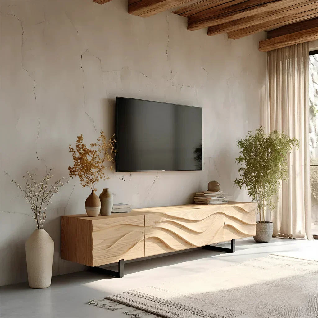 Hand-Carved Wave Wood TV Stand — Golden Drift Edition - Elitegemse