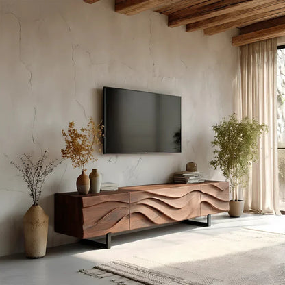 Hand-Carved Wave Wood TV Stand — Golden Drift Edition - Elitegemse