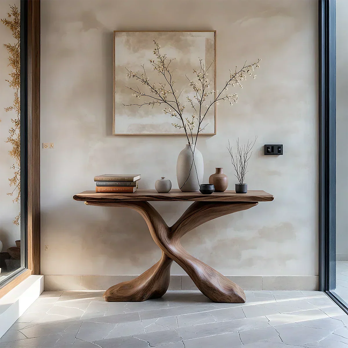 Hand-Carved X-Base Solid Wood Console Table — Organic Modern Art Furniture - Elitegemse