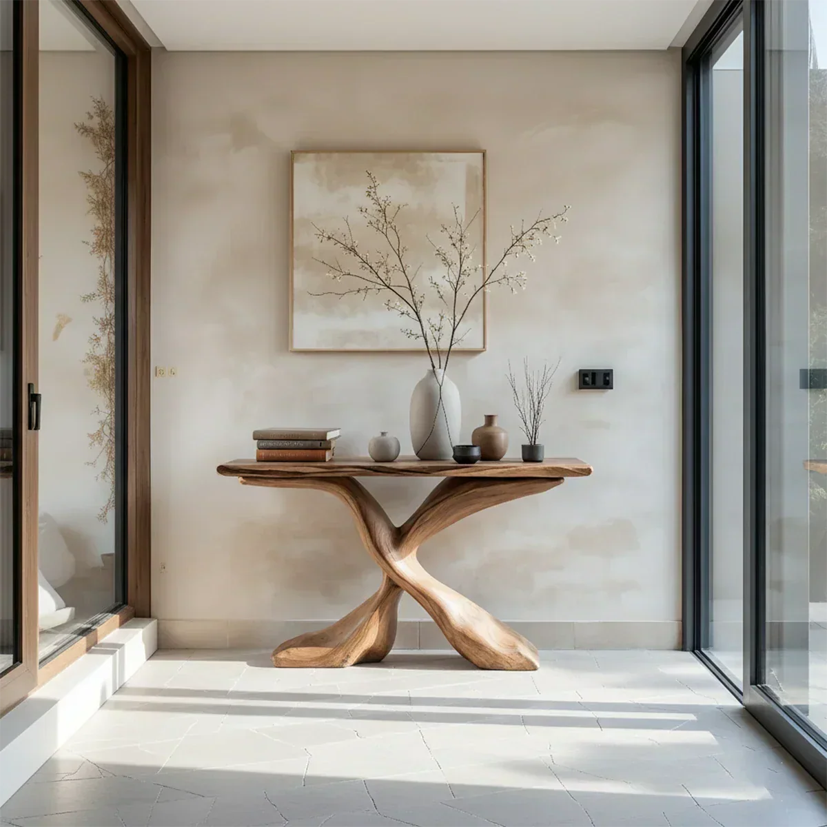 Hand-Carved X-Base Solid Wood Console Table — Organic Modern Art Furniture - Elitegemse