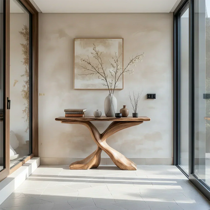 Hand-Carved X-Base Solid Wood Console Table — Organic Modern Art Furniture - Elitegemse