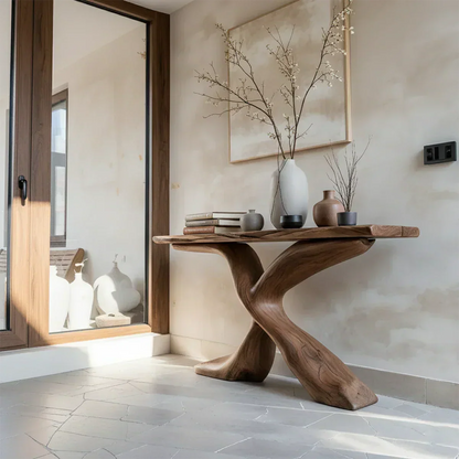 Hand-Carved X-Base Solid Wood Console Table — Organic Modern Art Furniture - Elitegemse