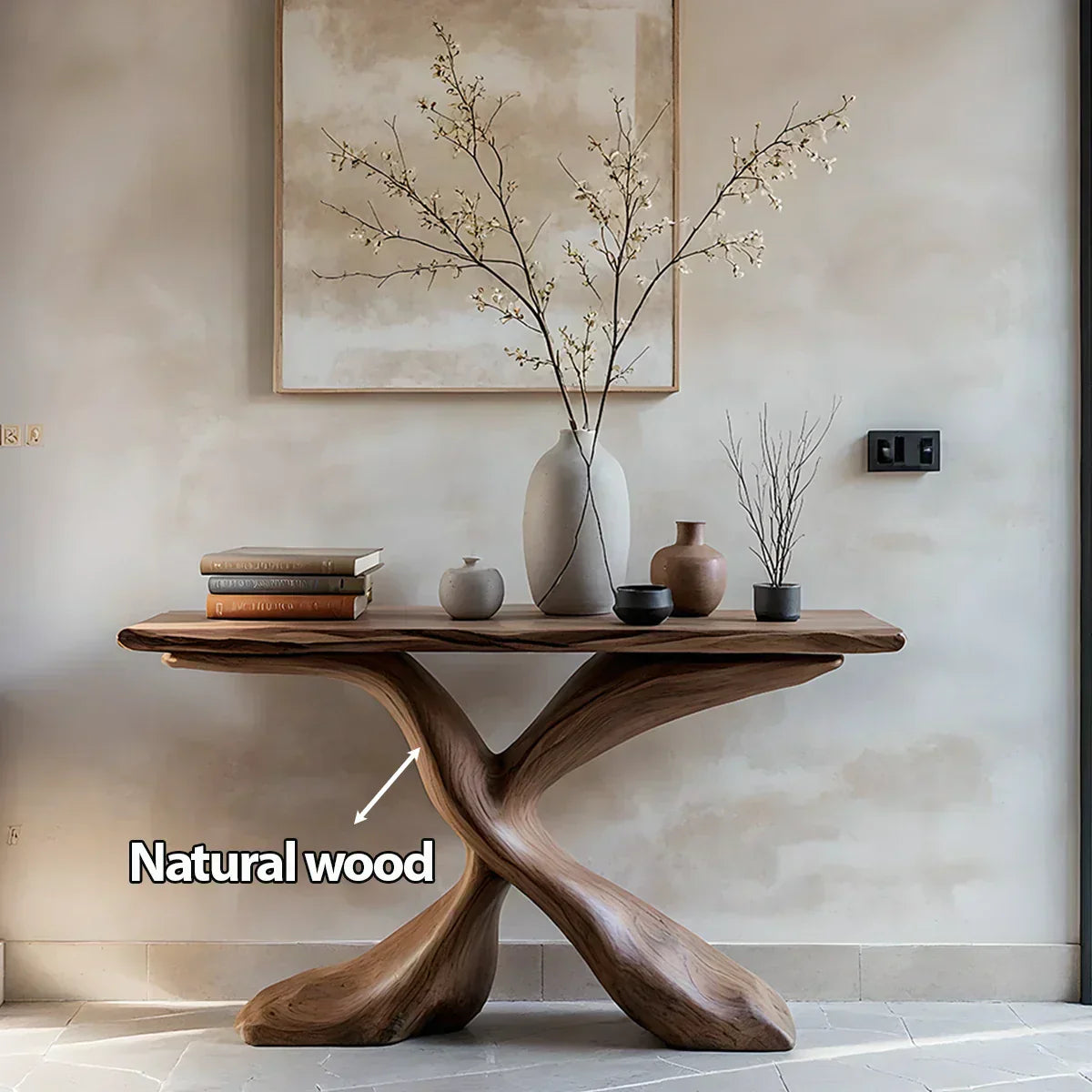 Hand-Carved X-Base Solid Wood Console Table — Organic Modern Art Furniture - Elitegemse