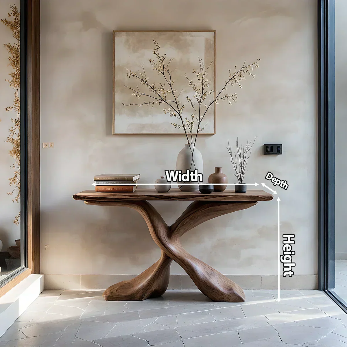 Hand-Carved X-Base Solid Wood Console Table — Organic Modern Art Furniture - Elitegemse