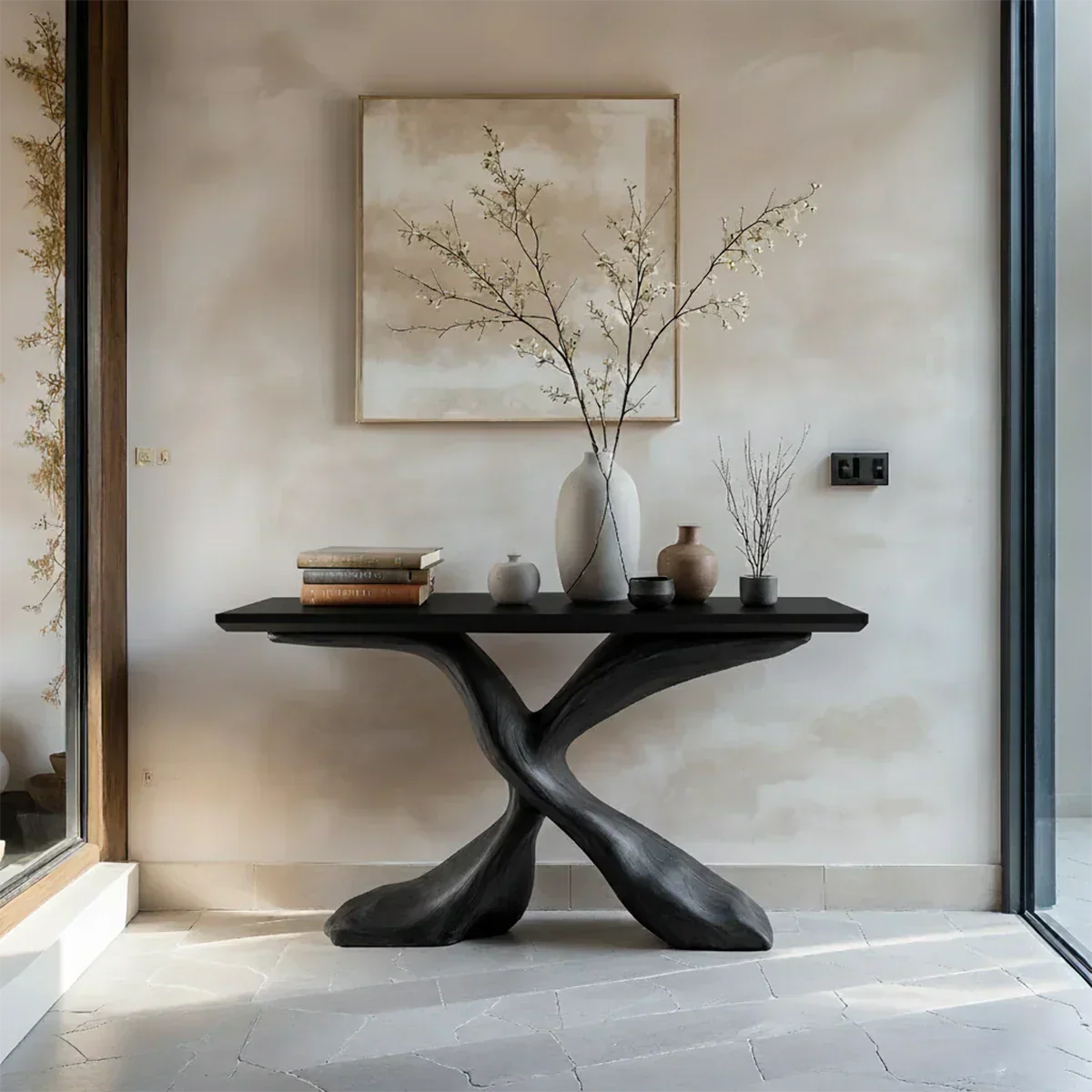 Hand-Carved X-Base Solid Wood Console Table — Organic Modern Art Furniture - Elitegemse