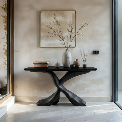 Hand-Carved X-Base Solid Wood Console Table — Organic Modern Art Furniture - Elitegemse