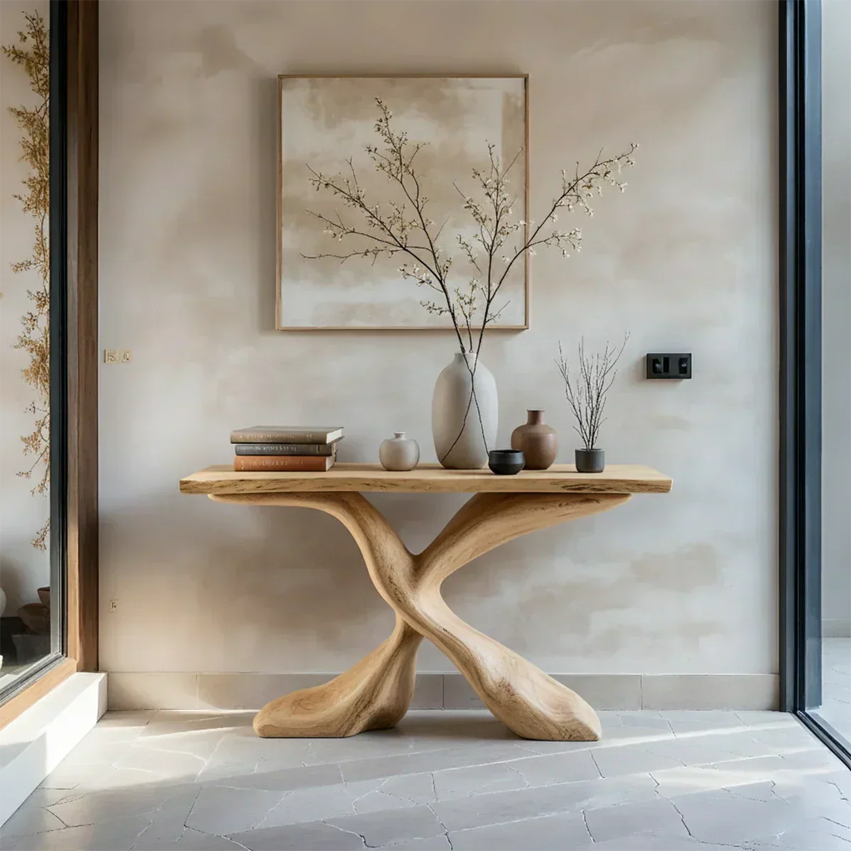 Hand-Carved X-Base Solid Wood Console Table — Organic Modern Art Furniture - Elitegemse
