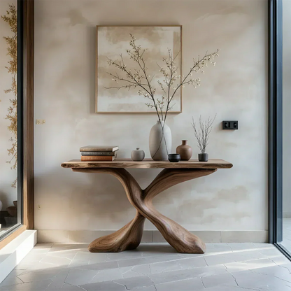 Hand-Carved X-Base Solid Wood Console Table — Organic Modern Art Furniture - Elitegemse
