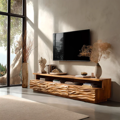 Hand-Sculpted Organic Wave Wood TV Stand — Natural Sunrise Finish - Elitegemse