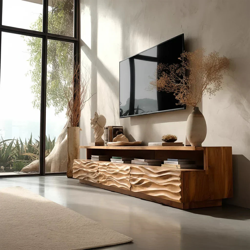 Hand-Sculpted Organic Wave Wood TV Stand — Natural Sunrise Finish - Elitegemse