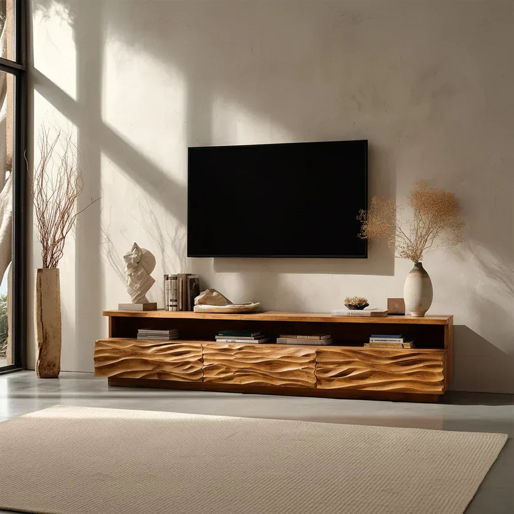Hand-Sculpted Organic Wave Wood TV Stand — Natural Sunrise Finish - Elitegemse