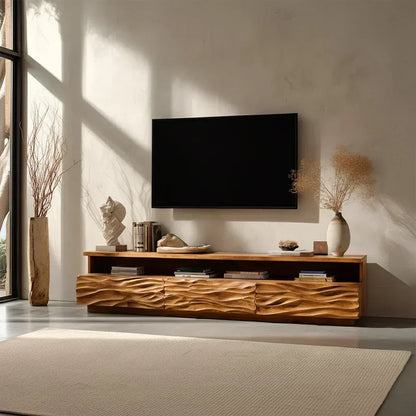 Hand-Sculpted Organic Wave Wood TV Stand — Natural Sunrise Finish - Elitegemse