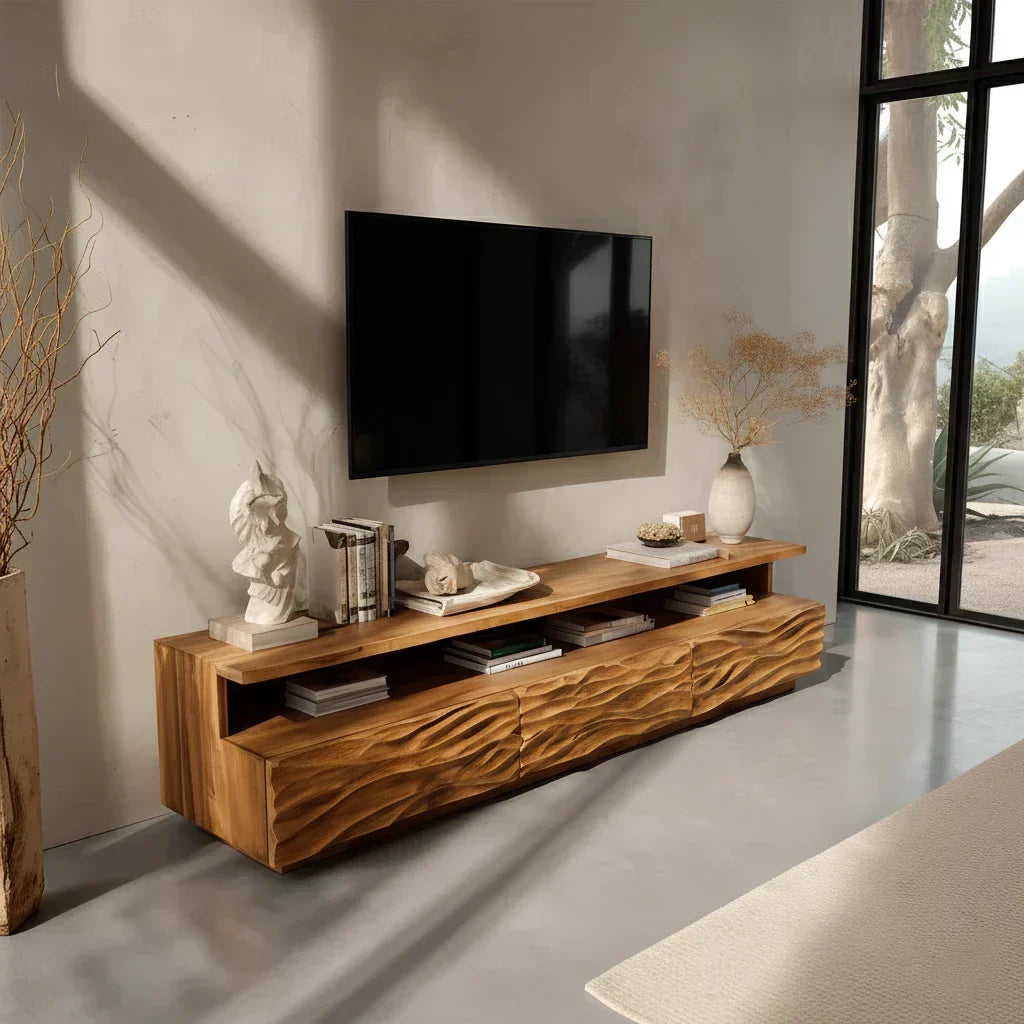 Hand-Sculpted Organic Wave Wood TV Stand — Natural Sunrise Finish - Elitegemse