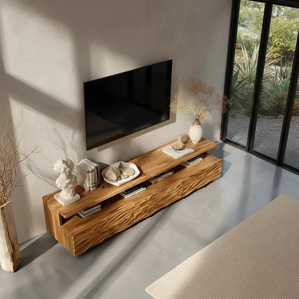 Hand-Sculpted Organic Wave Wood TV Stand — Natural Sunrise Finish - Elitegemse
