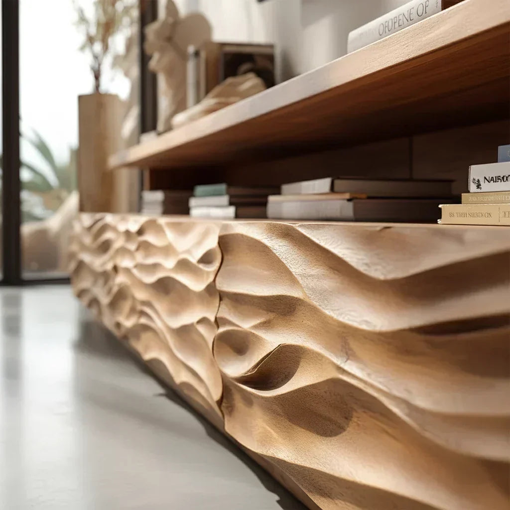 Hand-Sculpted Organic Wave Wood TV Stand — Natural Sunrise Finish - Elitegemse