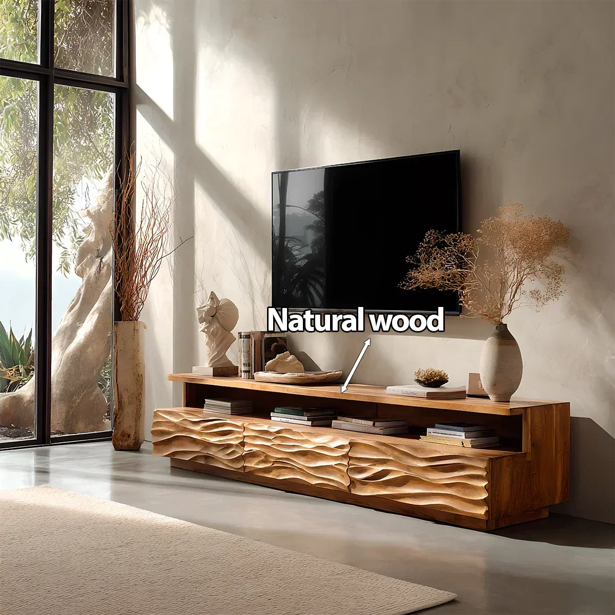 Hand-Sculpted Organic Wave Wood TV Stand — Natural Sunrise Finish - Elitegemse
