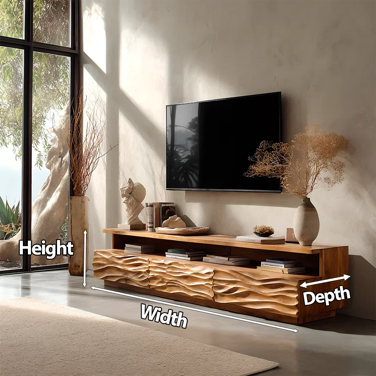 Hand-Sculpted Organic Wave Wood TV Stand — Natural Sunrise Finish - Elitegemse
