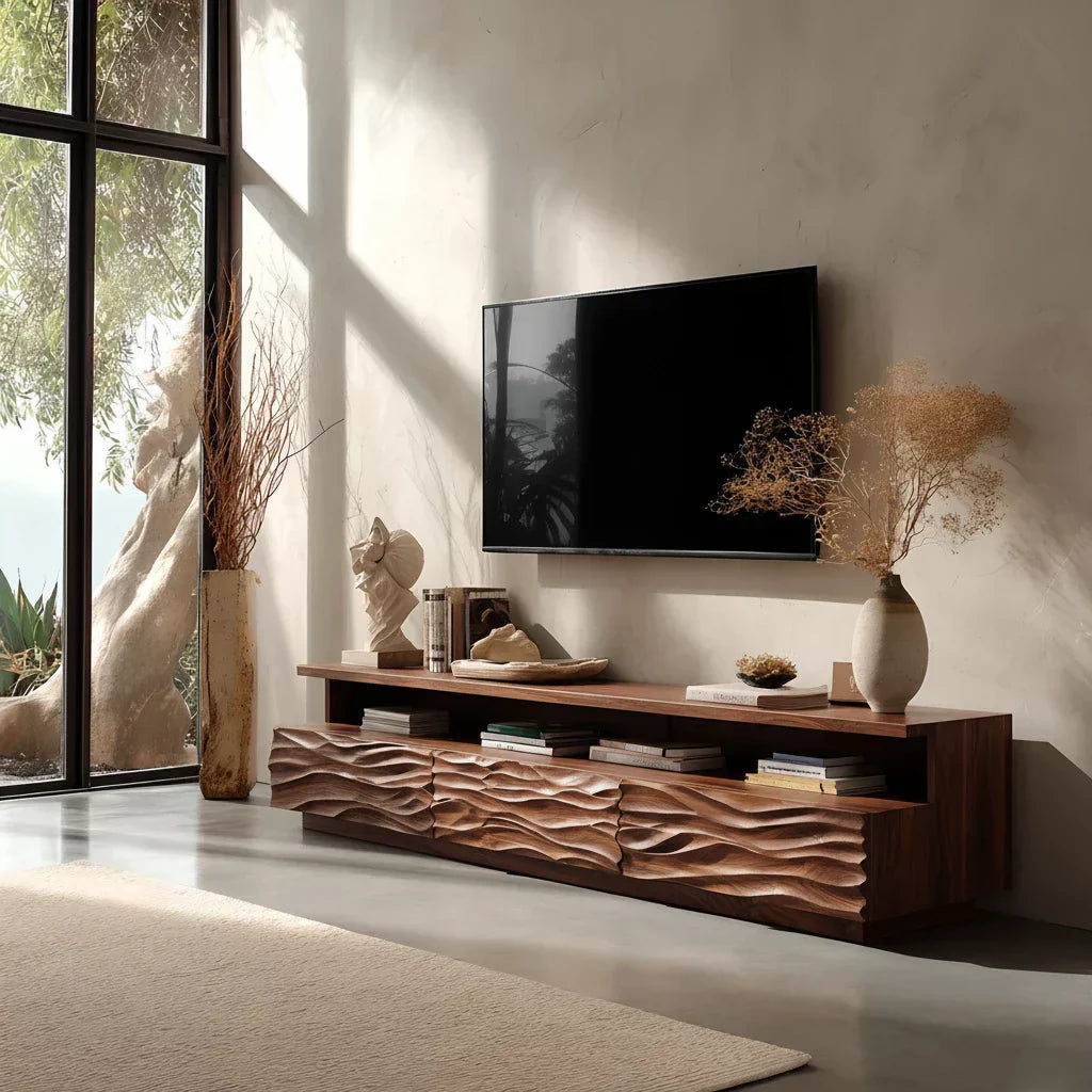 Hand-Sculpted Organic Wave Wood TV Stand — Natural Sunrise Finish - Elitegemse