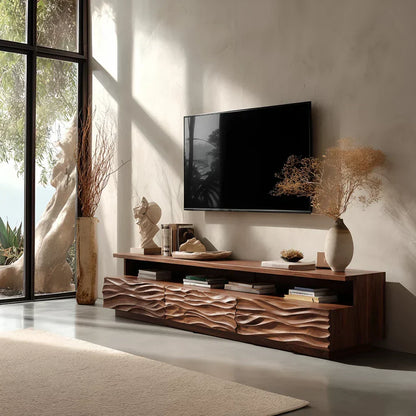 Hand-Sculpted Organic Wave Wood TV Stand — Natural Sunrise Finish - Elitegemse