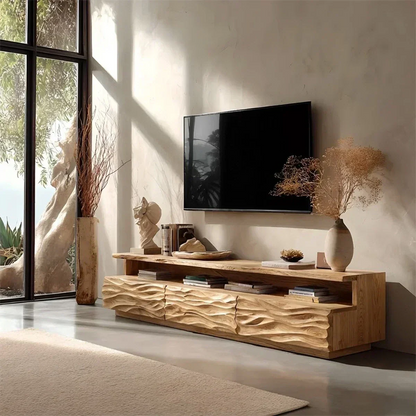 Hand-Sculpted Organic Wave Wood TV Stand — Natural Sunrise Finish - Elitegemse