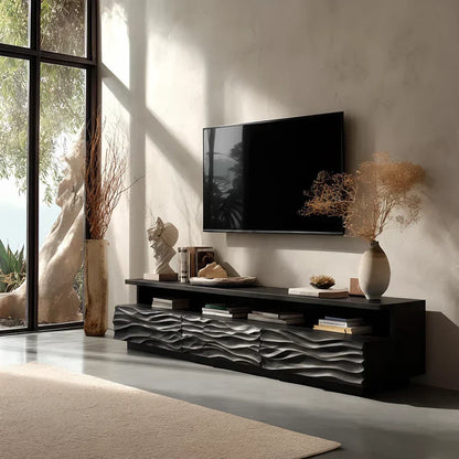 Hand-Sculpted Organic Wave Wood TV Stand — Natural Sunrise Finish - Elitegemse
