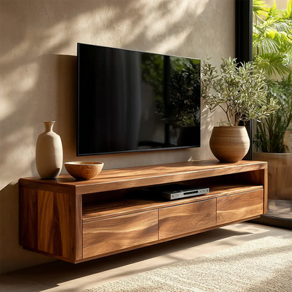 Handcrafted Floating Solid Wood TV Stand with Clean Lines and Hidden Storage Drawers - Elitegemse