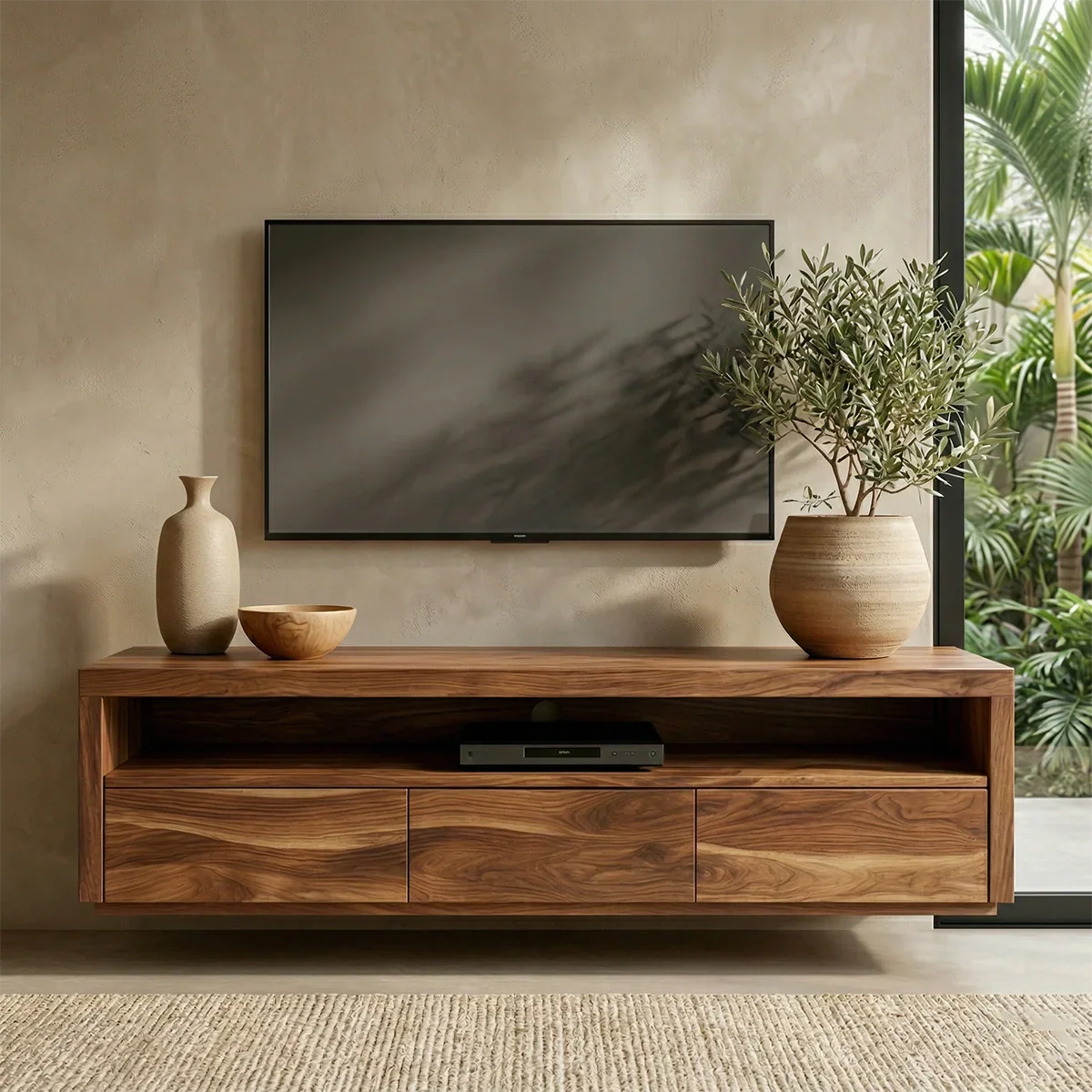 Handcrafted Floating Solid Wood TV Stand with Clean Lines and Hidden Storage Drawers - Elitegemse