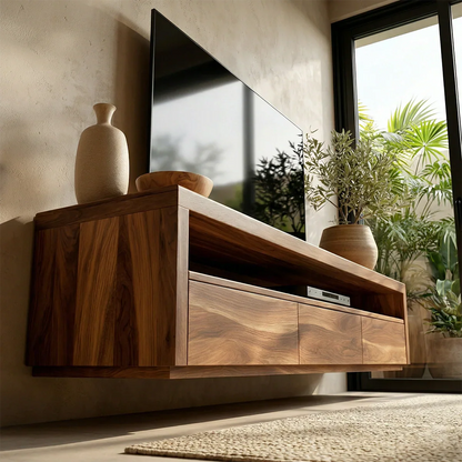Handcrafted Floating Solid Wood TV Stand with Clean Lines and Hidden Storage Drawers - Elitegemse