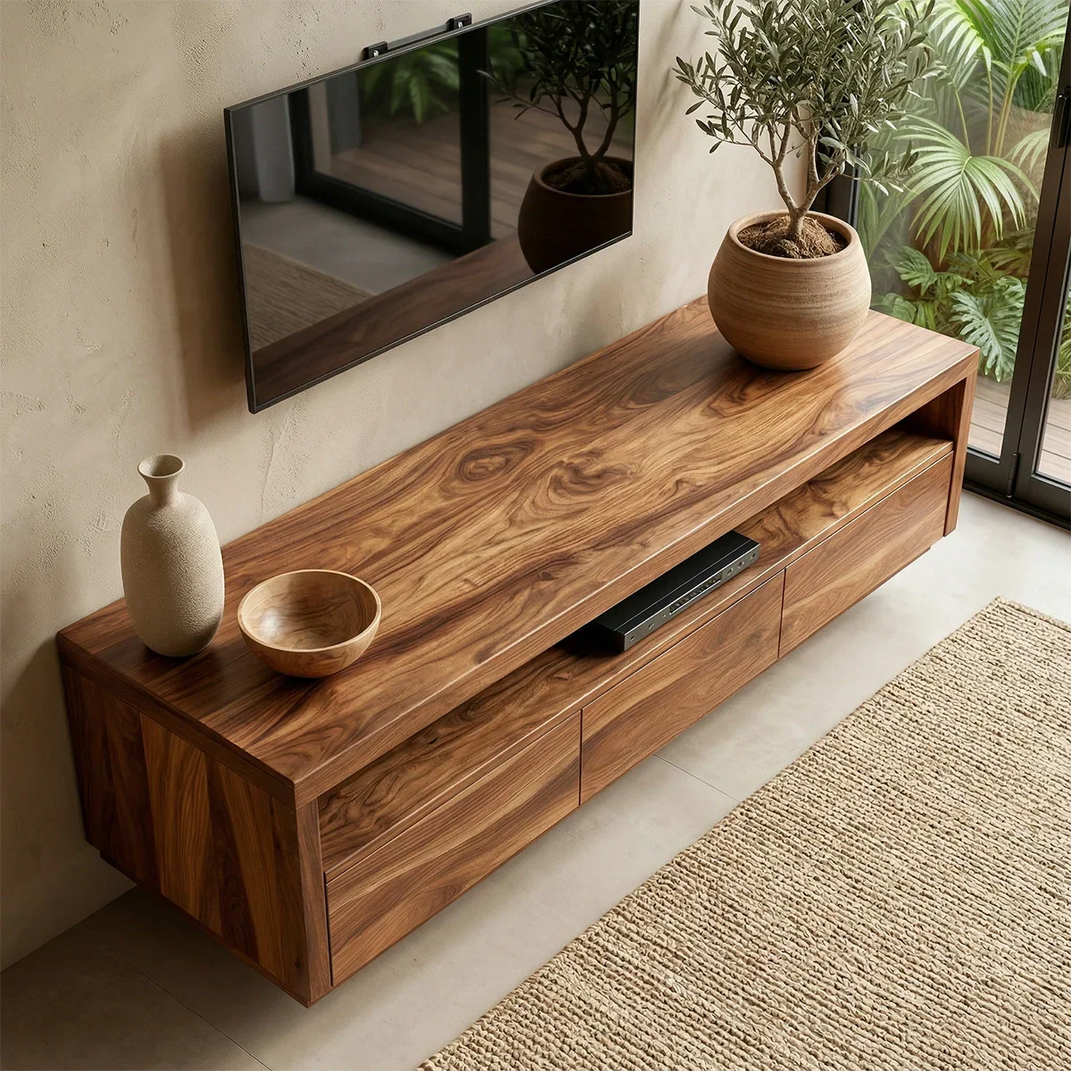 Handcrafted Floating Solid Wood TV Stand with Clean Lines and Hidden Storage Drawers - Elitegemse