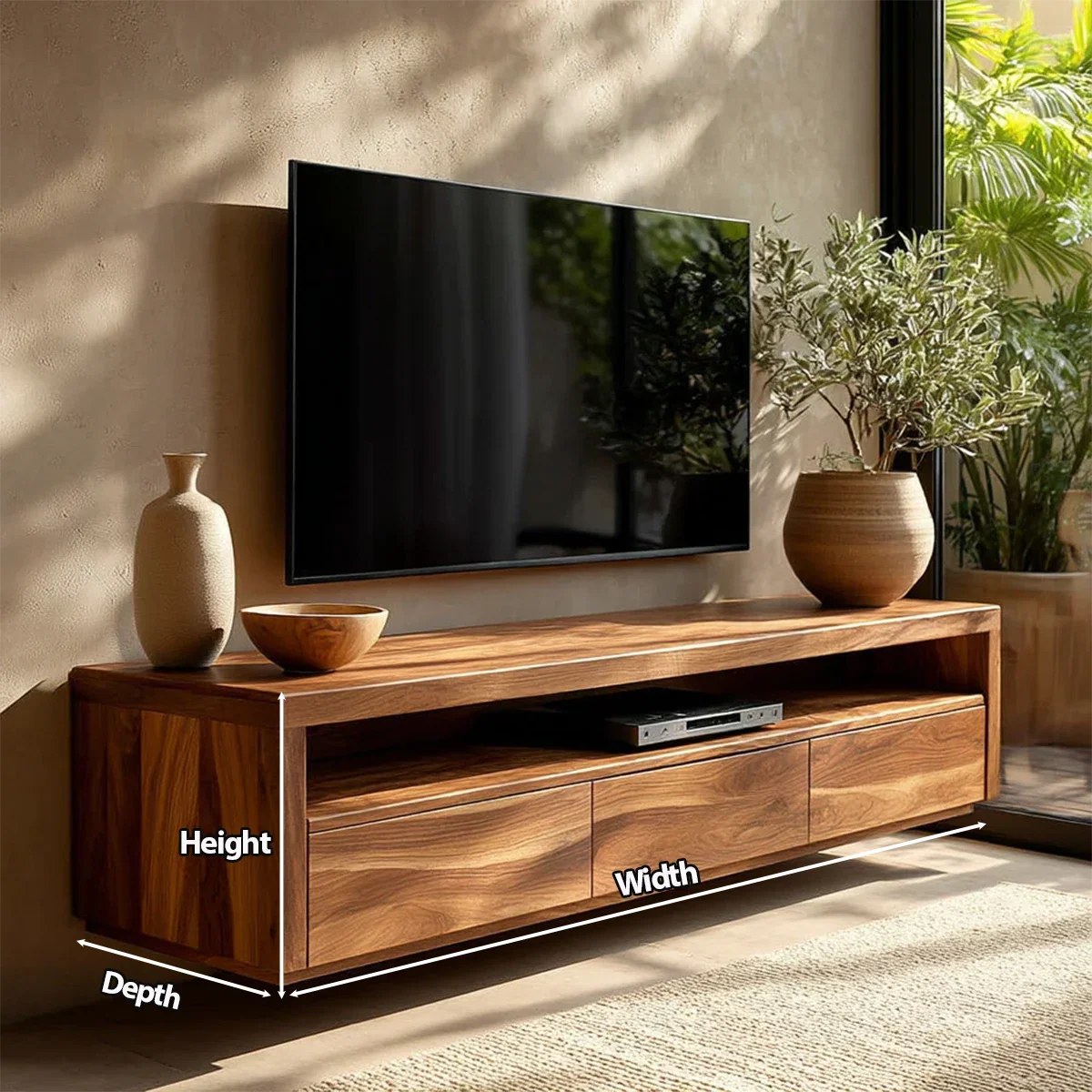 Handcrafted Floating Solid Wood TV Stand with Clean Lines and Hidden Storage Drawers - Elitegemse