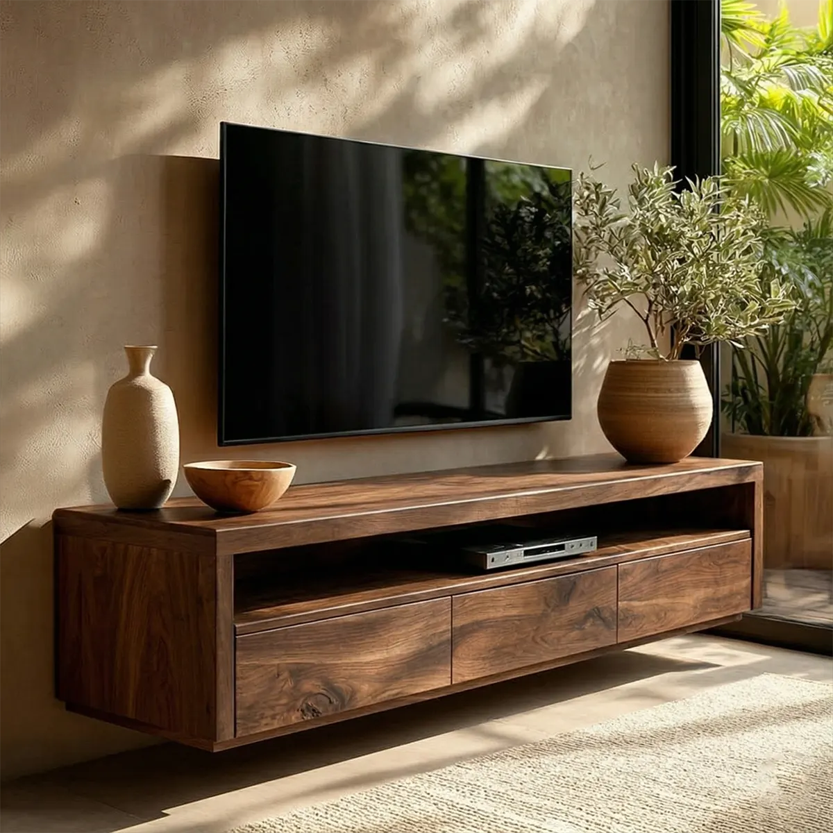 Handcrafted Floating Solid Wood TV Stand with Clean Lines and Hidden Storage Drawers - Elitegemse